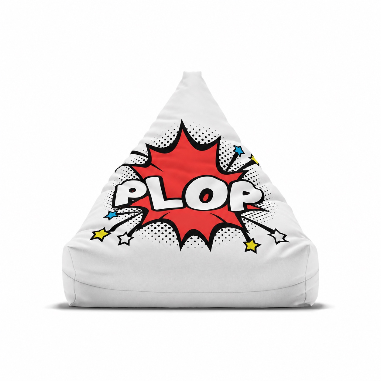White Plop bean bag cover with a red comic-book burst and colorful stars