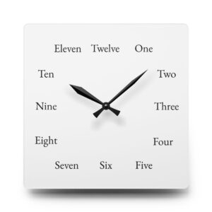 Square Spelling Bee Clock with written-out hours and black hands