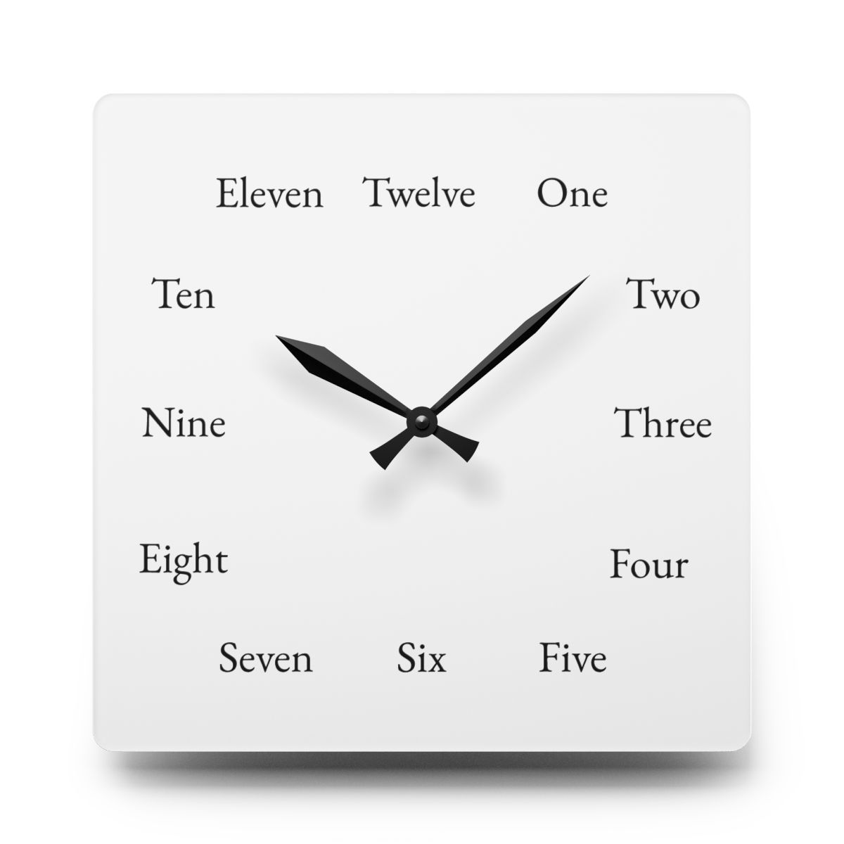 Square Spelling Bee Clock with written-out hours and black hands