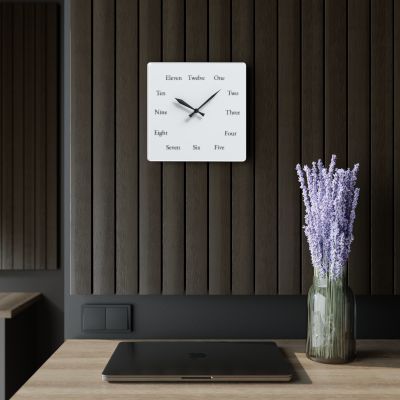 Square Spelling Bee Clock in a home office with dark wood walls