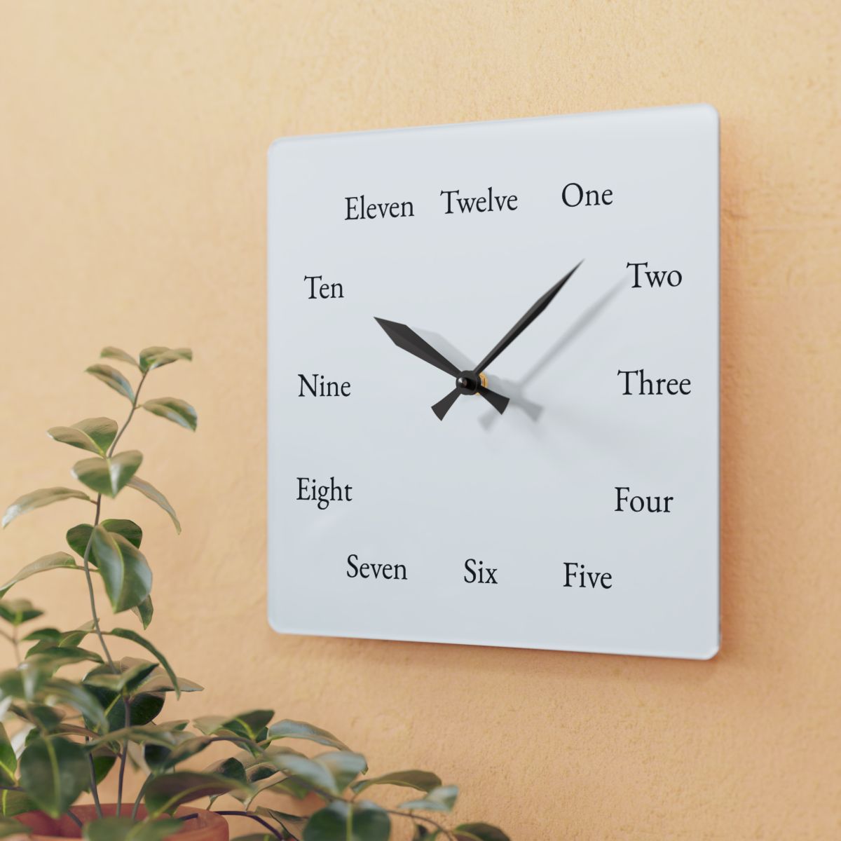 Square Spelling Bee Clock on a warm-toned wall